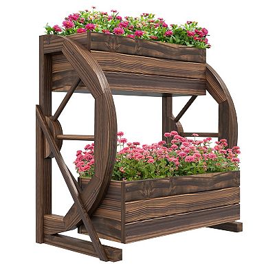 2-Tier Wooden Wagon Planter Box with Drainage Holes