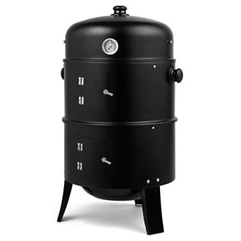 Portable Iron Charcoal Smoker Grill with Thermometer for Outdoor BBQ