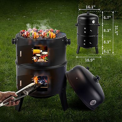 Portable Iron Charcoal Smoker Grill with Thermometer for Outdoor BBQ