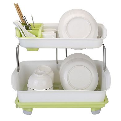 2 Tier Dish Drying Rack with Cutlery Holder and Drainage Tray