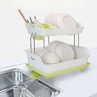 2 Tier Dish Drying Rack with Cutlery Holder and Drainage Tray