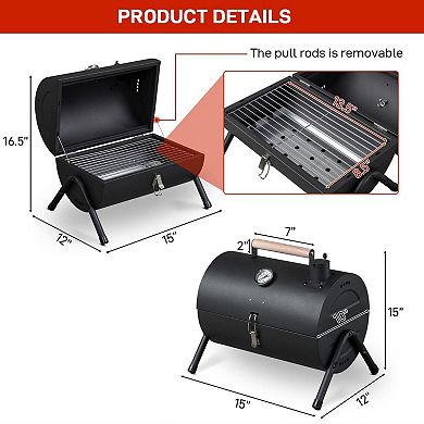 Portable Charcoal Grill with Thermometer and Wooden Handle for Outdoor BBQ