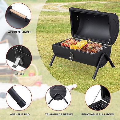 Portable Charcoal Grill with Thermometer and Wooden Handle for Outdoor BBQ