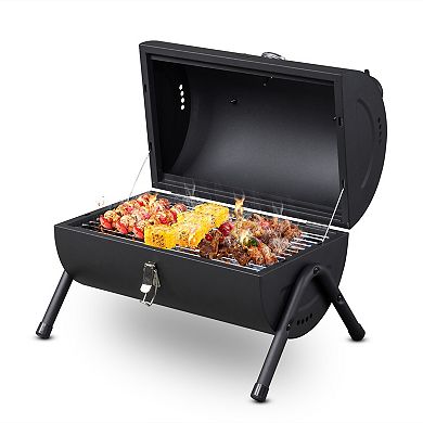 Portable Charcoal Grill with Thermometer and Wooden Handle for Outdoor BBQ