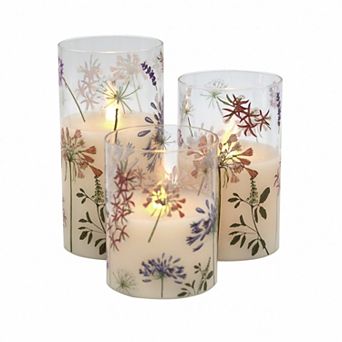 LumaBase Luminarias Battery-Operated 3-Pack Glass Hurricanes Wildflower Design
