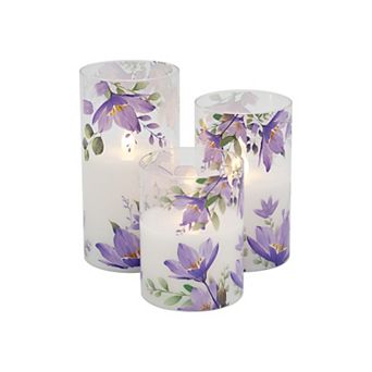 LumaBase Luminarias Battery-Operated LED Glass Hurricanes Violet Floral Design 3 pc Set