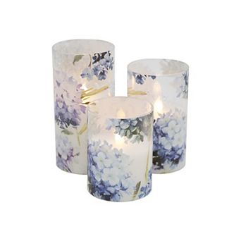 LumaBase Luminarias Battery-Operated LED Glass Hurricanes Hydrangea Floral Design 3 pc Set