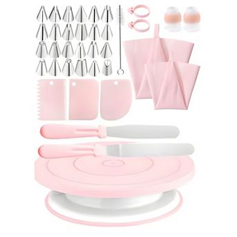 10.8" Revolving Plastic Cake Turntable Stand Set with Piping Nozzles, Reusable Silicone Piping Bags,