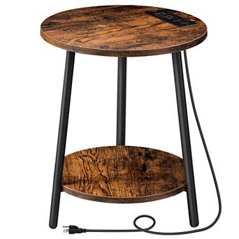 Round End Table with Charging Station, USB Ports and Outlets, 2 tier Side Table