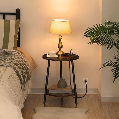 Round End Table with Charging Station, USB Ports and Outlets, 2 Tier Side Table