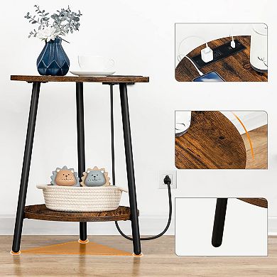 Round End Table with Charging Station, USB Ports and Outlets, 2 Tier Side Table
