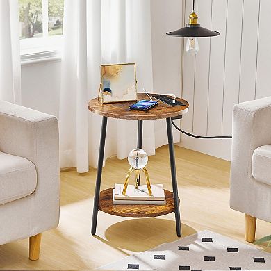 Round End Table with Charging Station, USB Ports and Outlets, 2 Tier Side Table