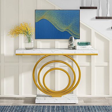 Modern Console Table with Faux Marble Top and Metal Frame for Entryway or Living Room
