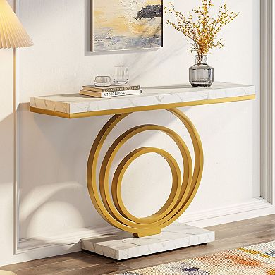 Modern Console Table with Faux Marble Top and Metal Frame for Entryway or Living Room