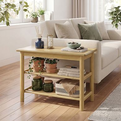 Rubberwood 3-Tier Shoe Rack Entryway Storage Bench with Seat