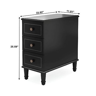 Wood Nightstand with 3 Drawers and Bronze Hardware, Narrow Side Table with Storage, No Assembly