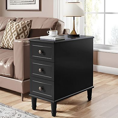 Wood Nightstand with 3 Drawers and Bronze Hardware, Narrow Side Table with Storage, No Assembly