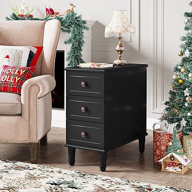 Wood Nightstand with 3 Drawers and Bronze Hardware, Narrow Side Table with Storage, No Assembly