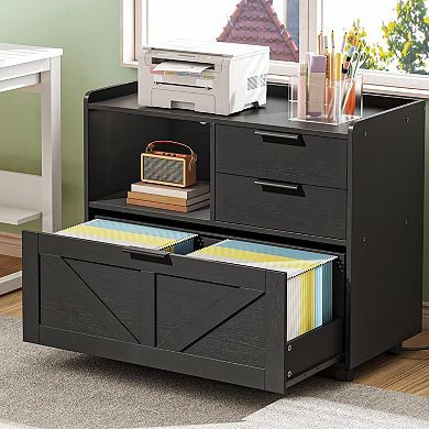 Lateral File Cabinet with Power Ports, Open Storage, and Smooth-Rolling Casters