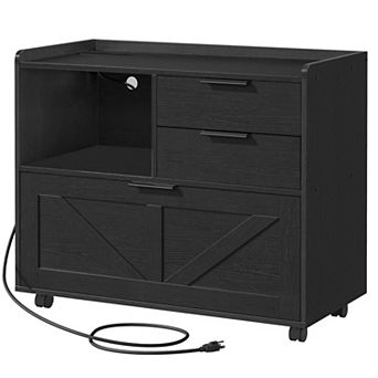 Lateral File Cabinet with Power Ports, Open Storage, and Smooth-Rolling Casters