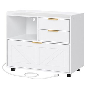 Lateral File Cabinet with Power Ports, Open Storage, and Smooth-Rolling Casters