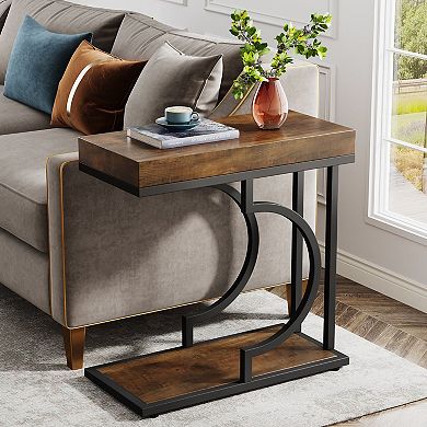 Slim C Shaped End Table with Faux Marble Top, Narrow Side Table for Living Room or Bedroom