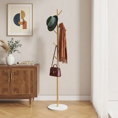 Freestanding Metal Clothes Rack with Shelf and Hooks
