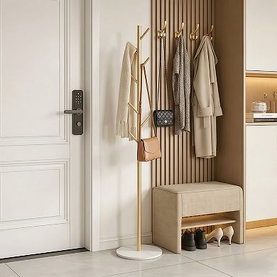 Freestanding Metal Clothes Rack with Shelf and Hooks