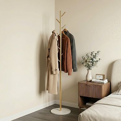 Freestanding Metal Clothes Rack with Shelf and Hooks