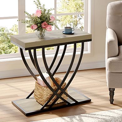 Narrow 2 Tier End Table Engineered Wood Top Metal Frame for Bedroom or Living Room