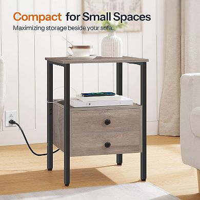 Modern Charging Side Table with Drawers and Open Shelves, Compact Design
