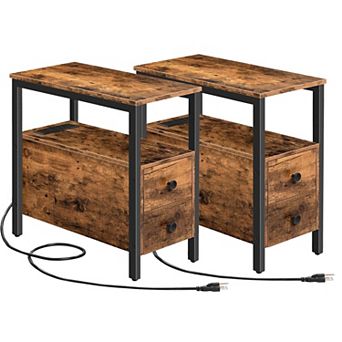 Set of 2 End Table with Built-In Charging Station and 2 Drawers for Living Room or Bedroom