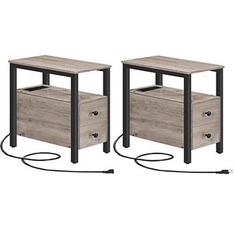 Set of 2 End Table with Built-In Charging Station and 2 Drawers for Living Room or Bedroom
