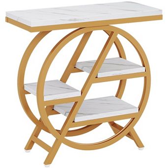 Small Space 4 tier Side Table with Open Shelves, Metal Frame, and Wood Top for Hallway or Sofa Side