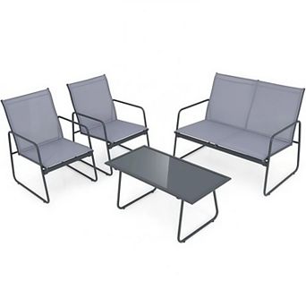 4 pc Metal Patio Chat Set with Glass Coffee Table