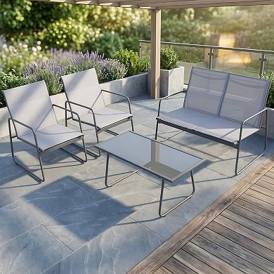 4-Piece Metal Patio Chat Set with Glass Coffee Table
