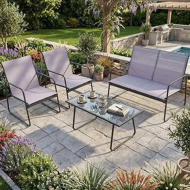 4-Piece Metal Patio Chat Set with Glass Coffee Table