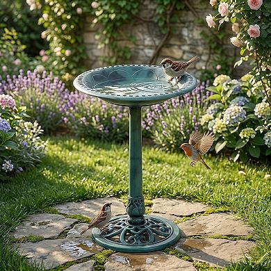 Resin Fleur-De-Lis Pedestal Bird Bath Garden Decor