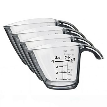 4 Pack Plastic Mini Measuring Cups with Easy Pour Spout and Non Slip Handle