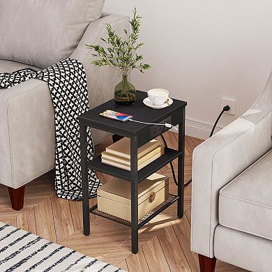Narrow Sofa Side Table with Charging Station, 3 Tier Storage Shelf for Small Spaces