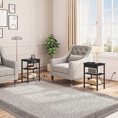 Narrow Sofa Side Table with Charging Station, 3 Tier Storage Shelf for Small Spaces