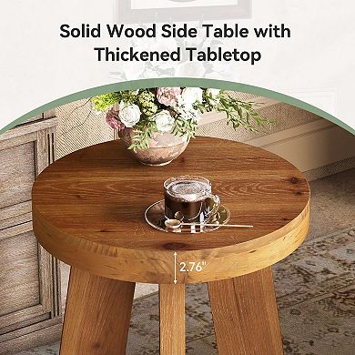 Solid Wood Round End Table Rustic Side Table for Bedroom, Living Room, or Entryway