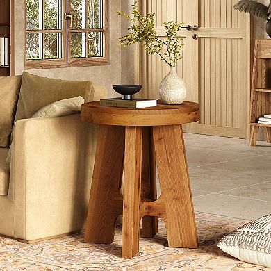 Solid Wood Round End Table Rustic Side Table for Bedroom, Living Room, or Entryway