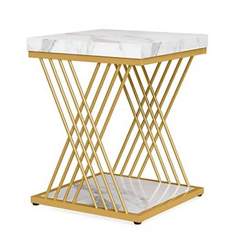 Modern 2 tier End Table with Faux Marble Top and Iron Frame for Living Room or Bedroom