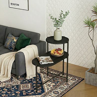 Round 2-Tier Coffee Table with Storage Trays, Modern End Table