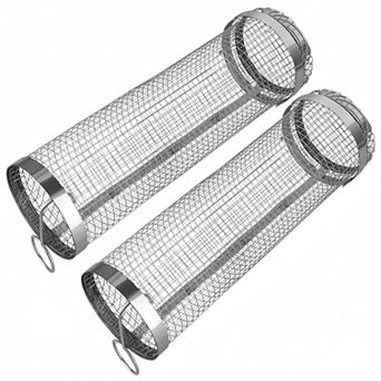 2 pc Stainless Steel Rolling BBQ Grill Basket Set with Hooks