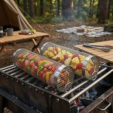2-Pc Stainless Steel Rolling BBQ Grill Basket Set with Hooks
