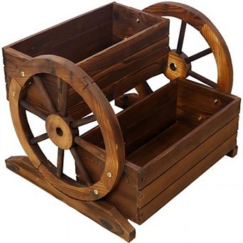 Rustic 2 tier Wooden Wagon Planter Box with Wheels for Garden Patio