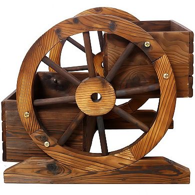 Rustic 2-Tier Wooden Wagon Planter Box with Wheels for Garden Patio