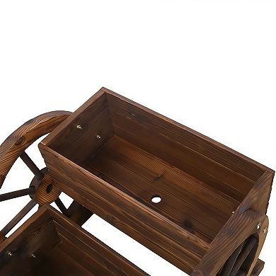 Rustic 2-Tier Wooden Wagon Planter Box with Wheels for Garden Patio